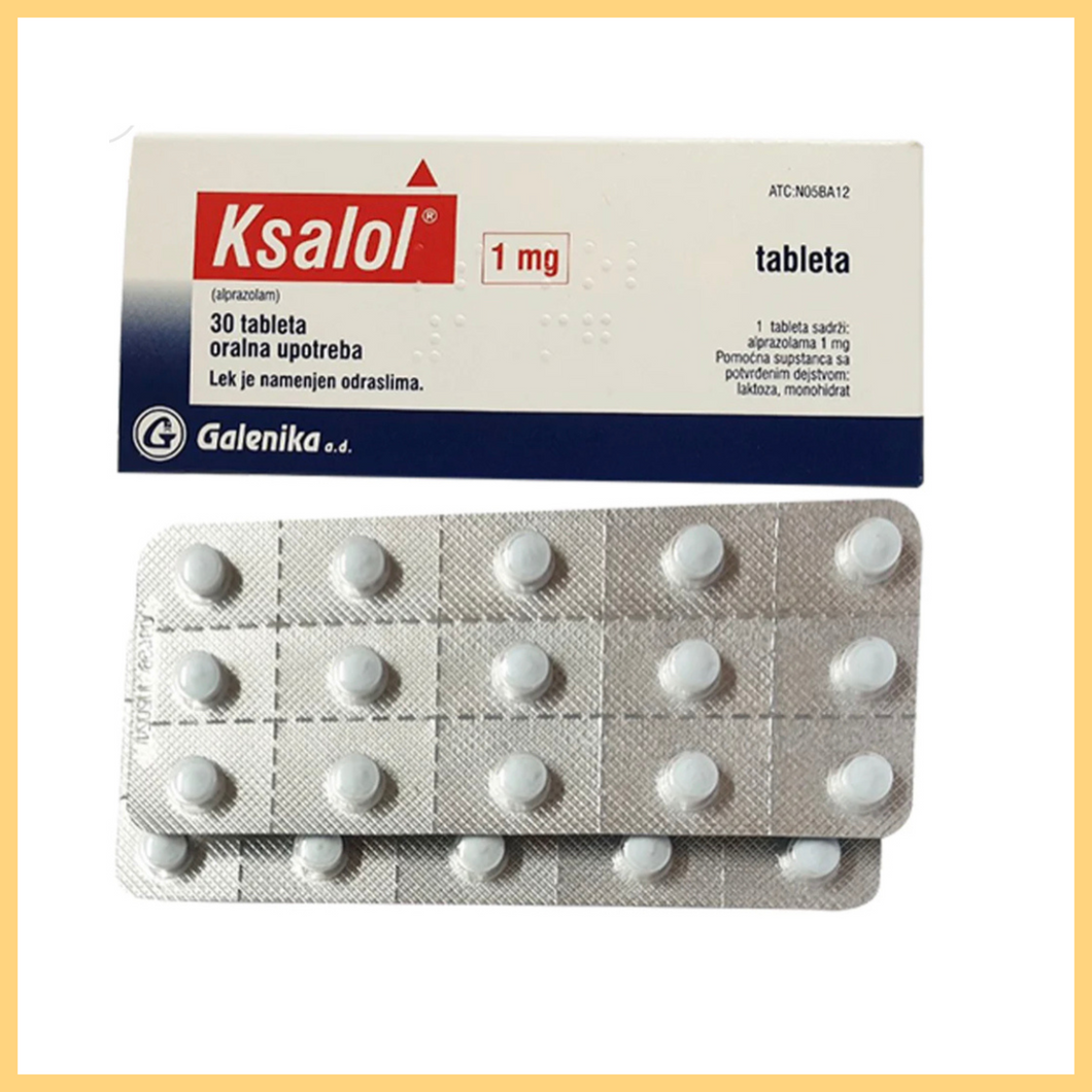 A package of Ksalol tablets by Galenika, with 30 white round tablets displayed in a blister pack.