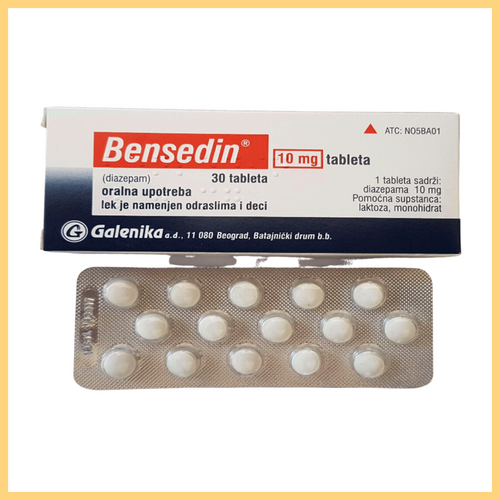 A box of Bensedin 10mg (Diazipam) oral tablets, with branding and dosage information on the packaging. The box is white with a blue and red stripe and includes 30 tablets.