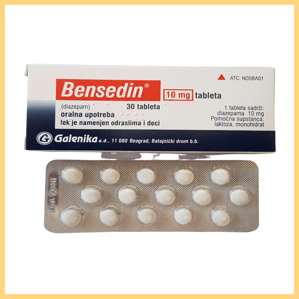 A box of Bensedin 10mg (Diazipam) oral tablets, with branding and dosage information on the packaging. The box is white with a blue and red stripe and includes 30 tablets.