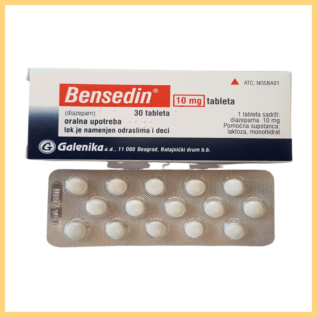 A box of Bensedin 10mg (Diazipam) oral tablets, with branding and dosage information on the packaging. The box is white with a blue and red stripe and includes 30 tablets.