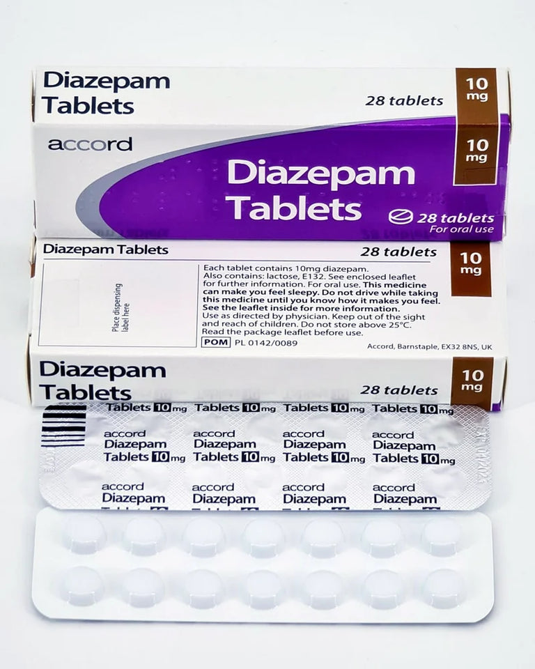 Packaging of Diazepam Tablets showing the box and blister pack with tablets inside.