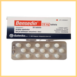 A box of Bensedin 10mg (Diazipam) oral tablets, with branding and dosage information on the packaging. The box is white with a blue and red stripe and includes 30 tablets.