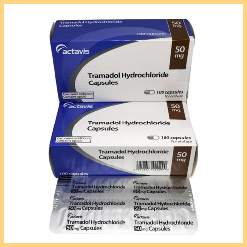 A package of Tramadol Hydrochloride capsules by Actavis with 25 pills remaining, each capsule marked 50 mg.
