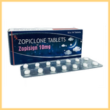 A box of Zopiclone 10mg tablets with multiple blisters displayed in front.